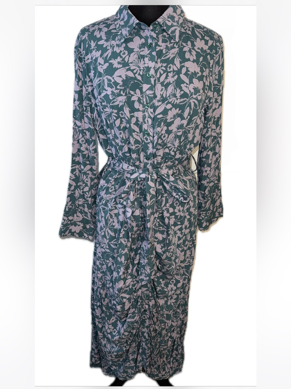 Women’s size Large Green Floral Button-Front Shirt Dress with Tie Waist